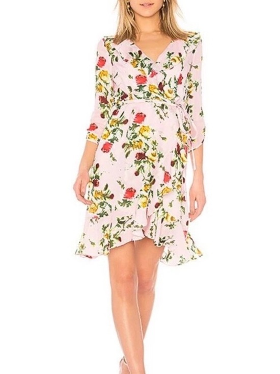 Milly of New York Light Blue Floral Wrap Midi Dress with Yellow & Red Roses - Picture 4 of 15